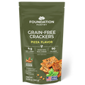 Bag of Grain-Free Crackers, Pizza Flavor, with crackers pictured on the front and Foundation Pantry logo, made in the USA.