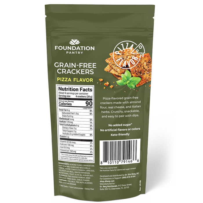 Back of Grain-Free Crackers Pizza Flavor bag showing the nutrition facts, ingredients, and barcode.