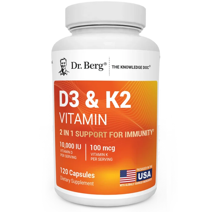 D3 and K2 Vitamin 10,000 IU, 120 capsules, front view, bottle with Dr. Berg branding.