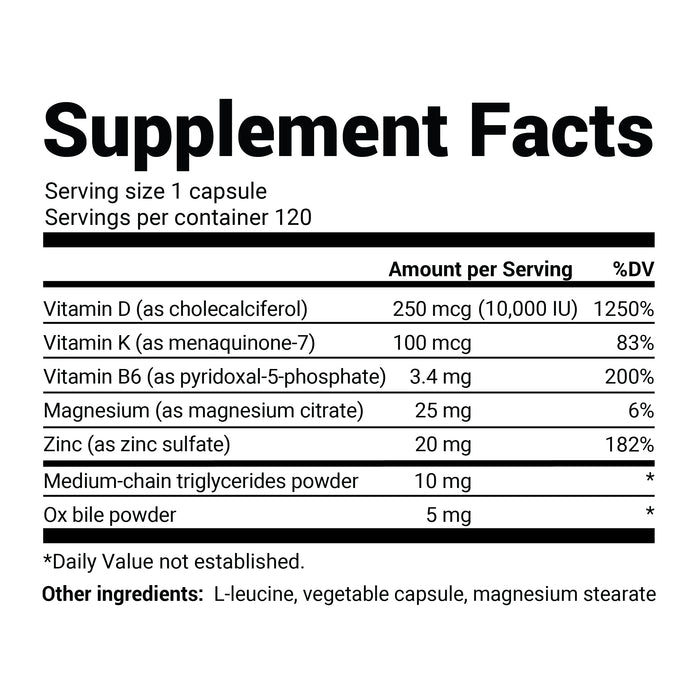 Close-up view of Vitamin D3 and K2 10,000 IU supplement facts label.
