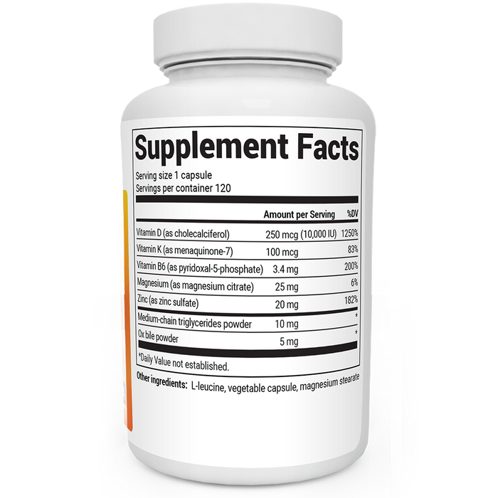 D3 and K2 Vitamin 10,000 IU bottle label, right side view, supplement facts.