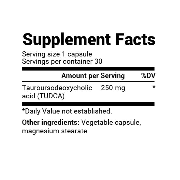 Close-up view of TUDCA supplement facts label.