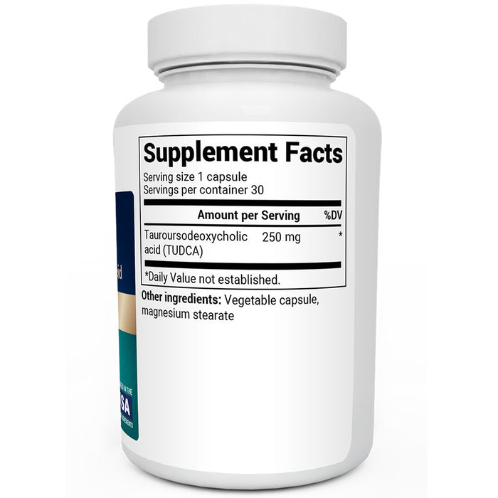 TUDCA bottle label, right side view, supplement facts.