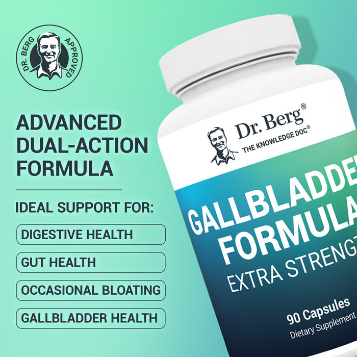 Dr. Berg Gallbladder Formula supplement bottle with text: 'Advanced dual-action formula. Ideal support for digestive health, gut health, occasional bloating, and gallbladder health.'