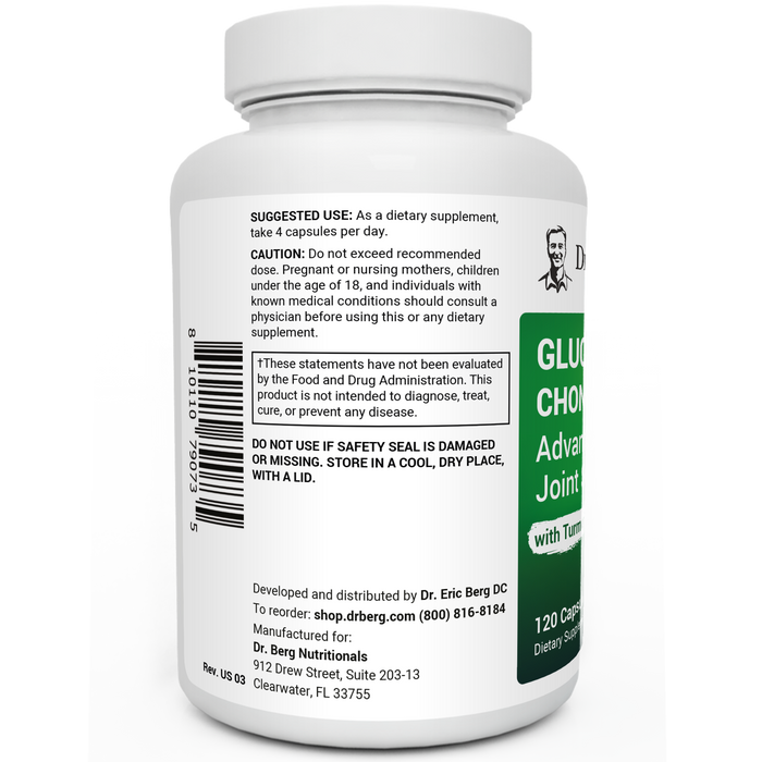 Glucosamine Chondroitin Advanced Joint Support bottle label, right side view, supplement facts.