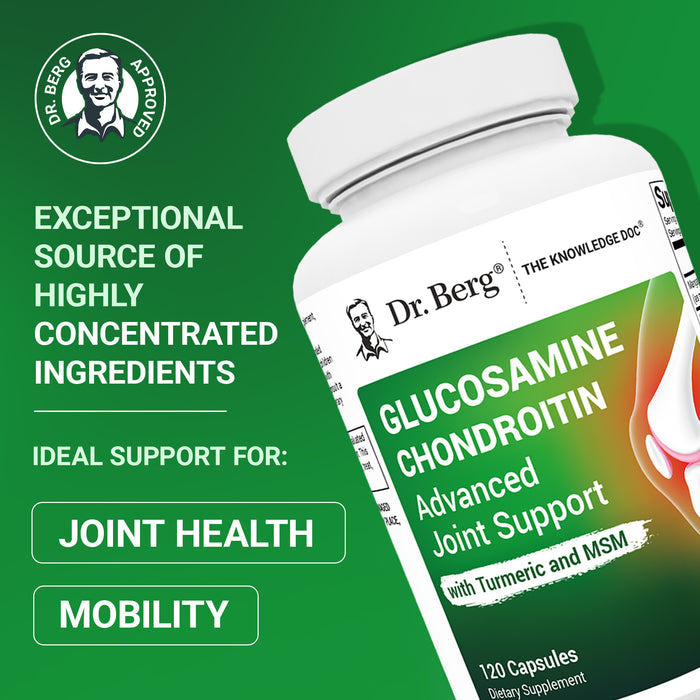 Dr. Berg Glucosamine Chondroitin supplement bottle with text: 'Exceptional source of highly concentrated ingredients. Ideal support for joint health, and mobility.'