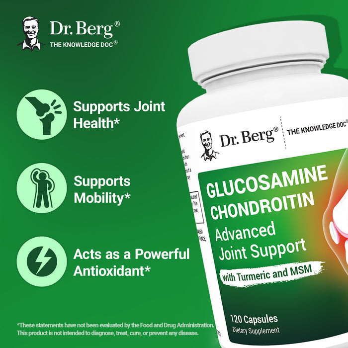 Dr. Berg Glucosamine Chondroitin supplement bottle with text highlighting benefits: supports joint health, mobility, and acts as a powerful antioxidant.