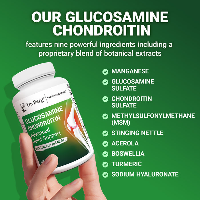 List of ingredients in Dr. Berg's Glucosamine Chondroitin, including nine key ingredients and a proprietary blend of botanical extracts.