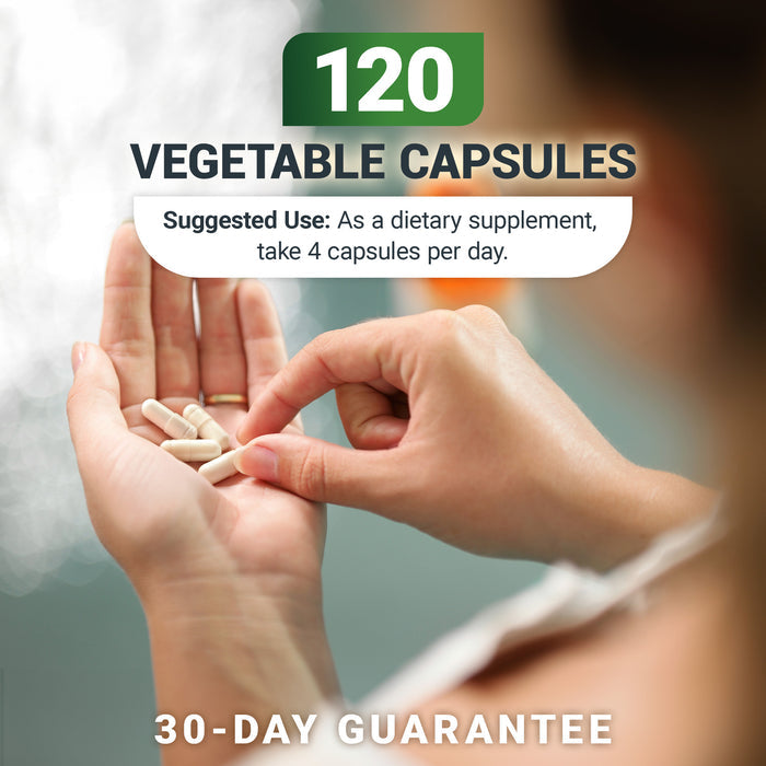 Person holding 4 pills with text: '120 vegetable capsules. Take 14 daily as a dietary supplement. 30-day guarantee'.