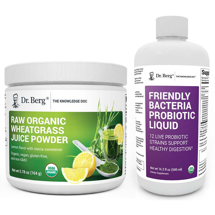 Dr. Berg Raw Organic Wheatgrass Juice Powder and Friendly Bacteria Probiotic Liquid on a white background