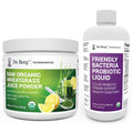 Dr. Berg Raw Organic Wheatgrass Juice Powder and Friendly Bacteria Probiotic Liquid on a white background