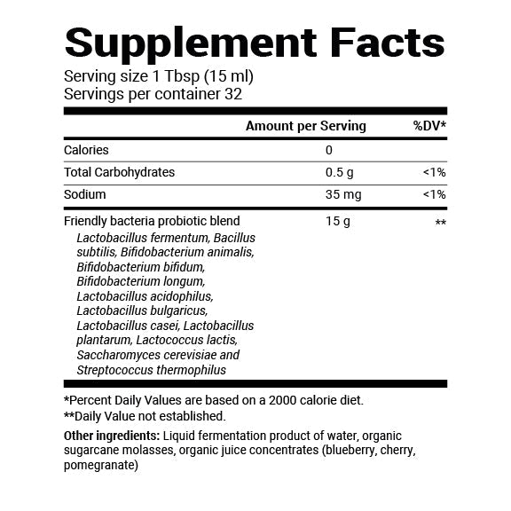 Close-up view of Friendly Bacteria Probiotic Liquid supplement fact label.