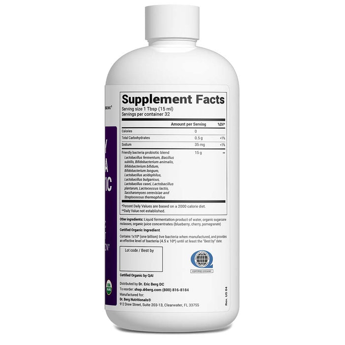 Friendly Bacteria Probiotic Liquid bottle label, right side view, supplement facts.