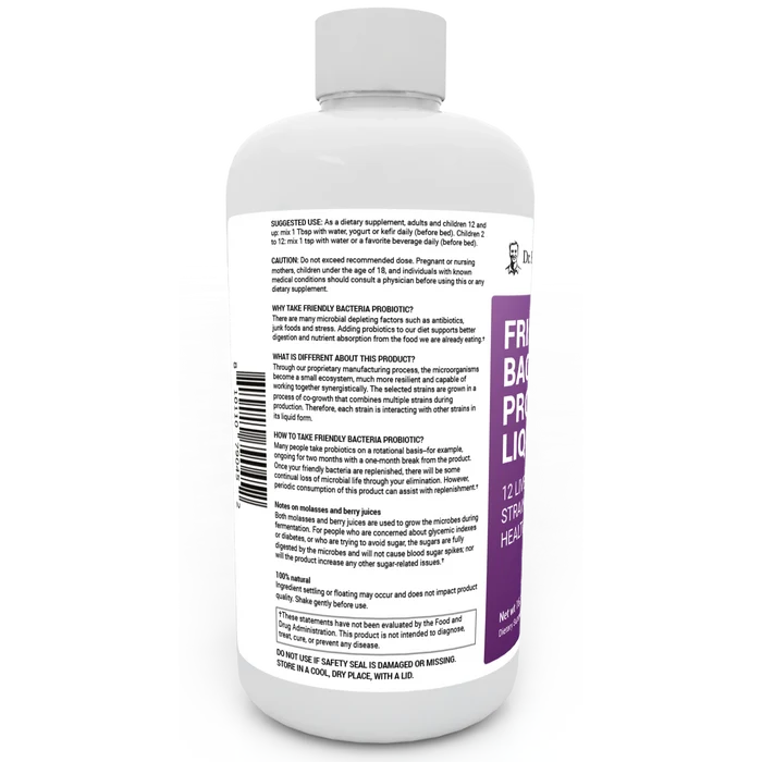 Friendly Bacteria Probiotic Liquid bottle label, left side view, suggested use instructions, safety warning details.
