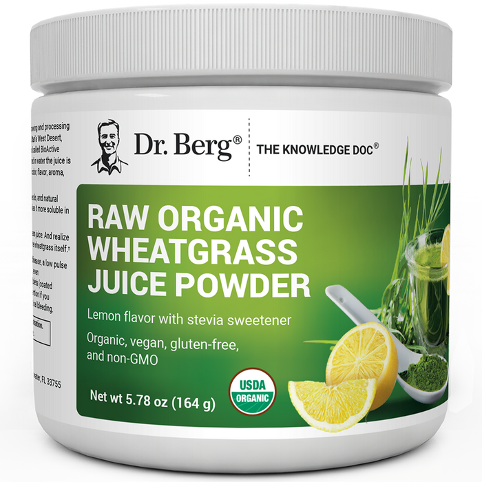 Raw Organic Wheatgrass Juice Powder Lemon Flavor, 5.78 ounces, front view, bottle with Dr. Berg branding and sliced of lemon on cover.