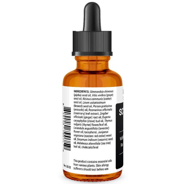 Scalp and Hair Serum bottle label, left side view, ingredient list, safety warnings.