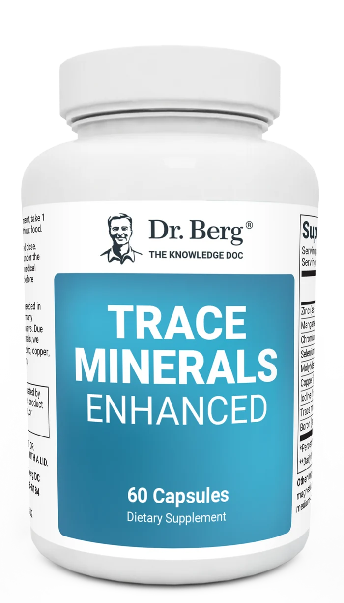 Trace Minerals Enhanced, 60 capsules, front view, bottle with Dr. Berg branding.