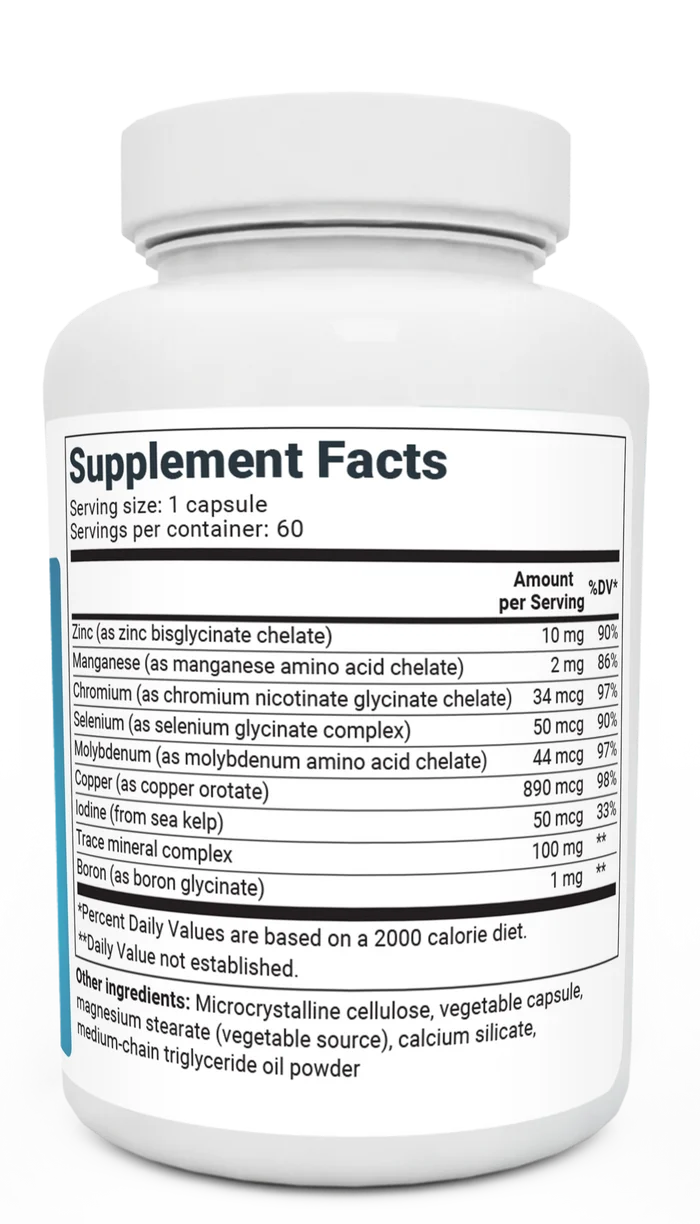 Trace Minerals Enhanced bottle label, right side view, supplement facts.