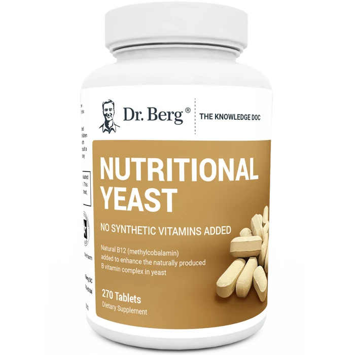 Nutritional Yeast Tablets, 270 capsules, no synthetic vitamins added, front view, bottle with Dr. Berg branding.