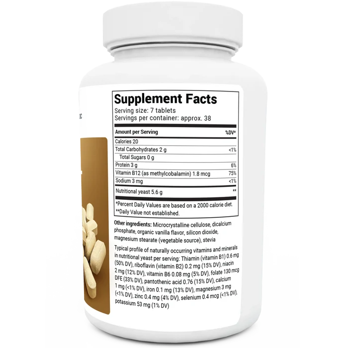 Nutritional Yeast Tablets bottle label, right side view, supplement facts.