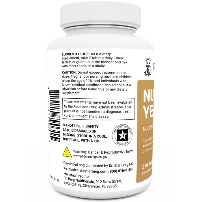 Nutritional Yeast Tablets bottle label, left side view, suggested use instructions, safety warning details.