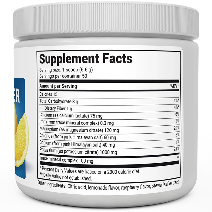 Electrolyte Powder, Raspberry and Lemon Flavor 50 Servings bottle label, right side view, supplement facts.