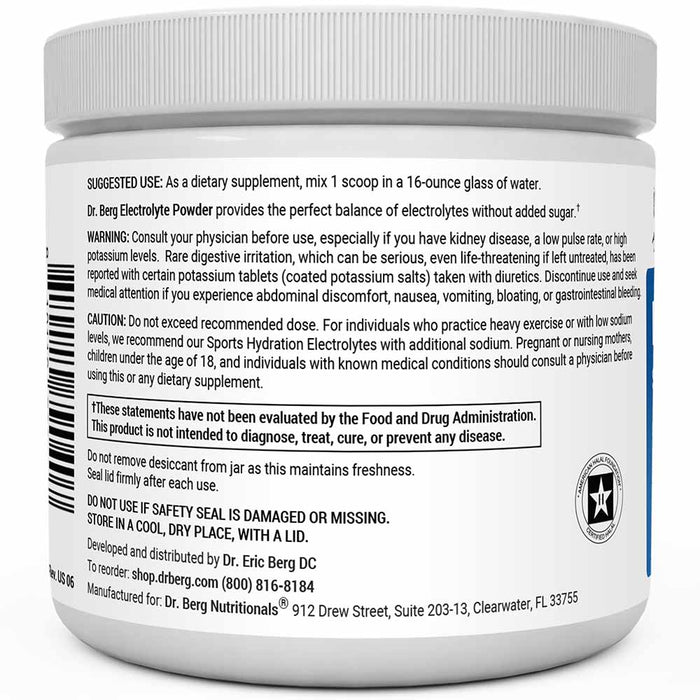 Electrolyte Powder, Raspberry and Lemon Flavor 50 Servings bottle label, left side view, suggested use instructions, safety warning details.