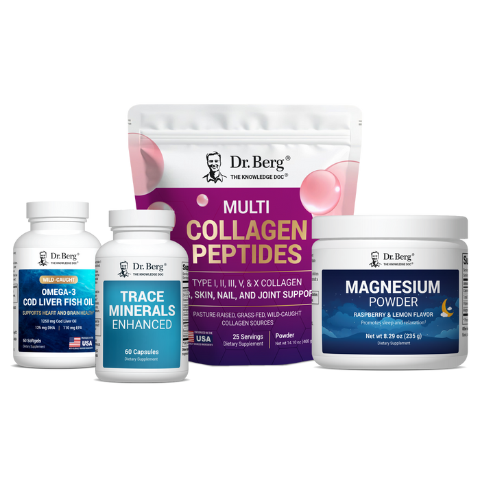 Dr. Berg supplement products including capsules, powder, and multivitamin on a white background
