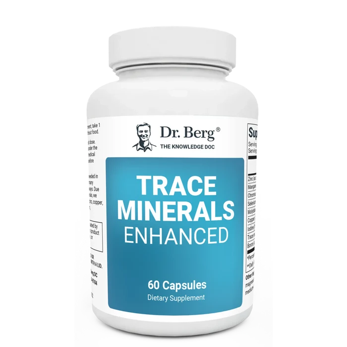 Trace Minerals Enhanced, 60 capsules, front view, bottle with Dr. Berg branding.