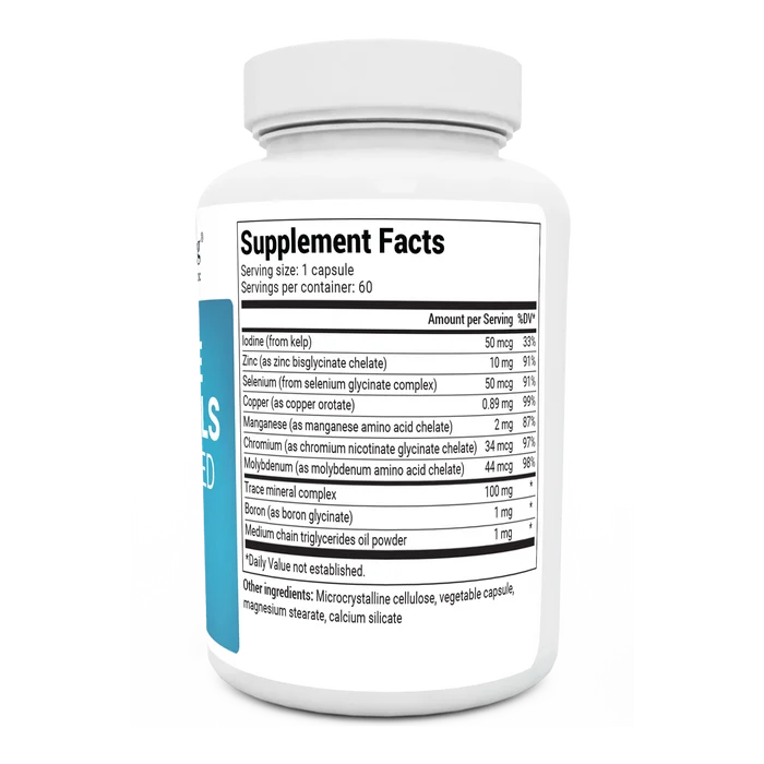 Trace Minerals Enhanced bottle label, right side view, supplement facts.