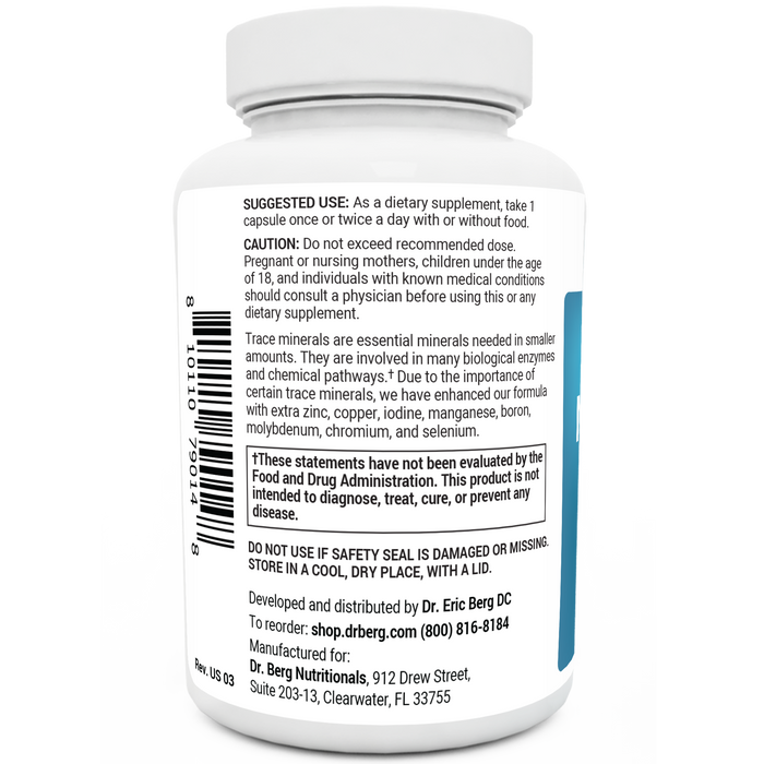 Trace Minerals Enhanced bottle label, left side view, suggested use instructions, safety warning details.