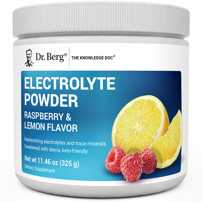 Electrolyte Powder, Raspberry and Lemon Flavor, 50 Servings, 11.6 ounces, front view, bottle with Dr. Berg branding, raspberries, and lemon slice on the cover.
