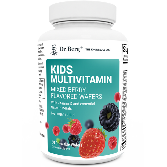 Kids Multivitamin, mixed berry flavored wafers, no sugar added, 60 chewable wafers, front view, bottle with Dr. Berg branding and mixed berries on the cover.