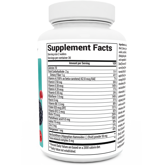 Kids Multivitamin bottle label, right side, center of label, supplement facts.