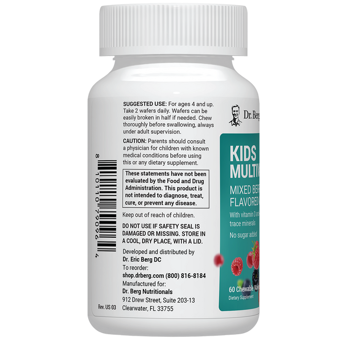 Kids Multivitamin bottle label, left side view, suggested use instructions, safety warning details.