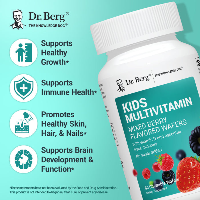 Dr. Berg Kids Multivitamin bottle with text highlighting benefits: supports healthy growth, immune health, brain development and function, and promotes healthy skin, hair, and nails.