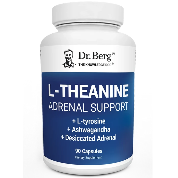 L-theanine Adrenal Support, 90 capsules, front view, bottle with Dr. Berg branding.