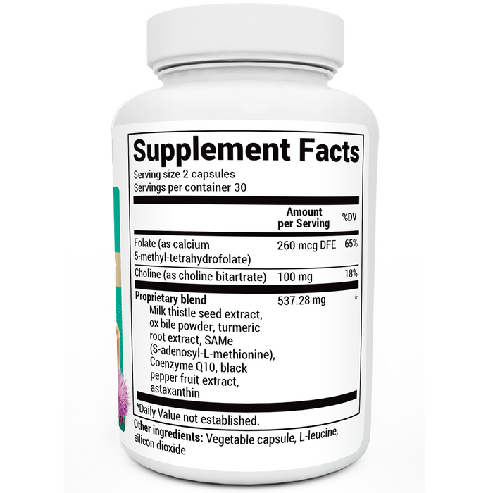 Liver Cleanse Detox Support bottle label, right side view, supplement facts.