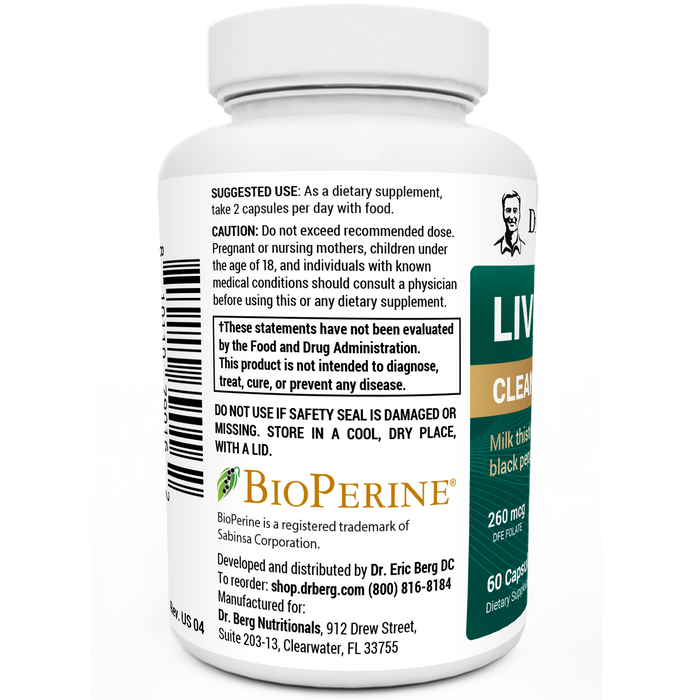 Liver Cleanse Detox Support bottle with BioPerine label, left side view, suggested use instructions, and safety warning details.