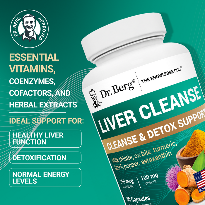 Dr. Berg Liver Cleanse supplement bottle with text: 'Essential vitamins, coenzymes, cofactors, and herbal extracts. Ideal support for healthy liver function, detoxification, and normal energy levels.'