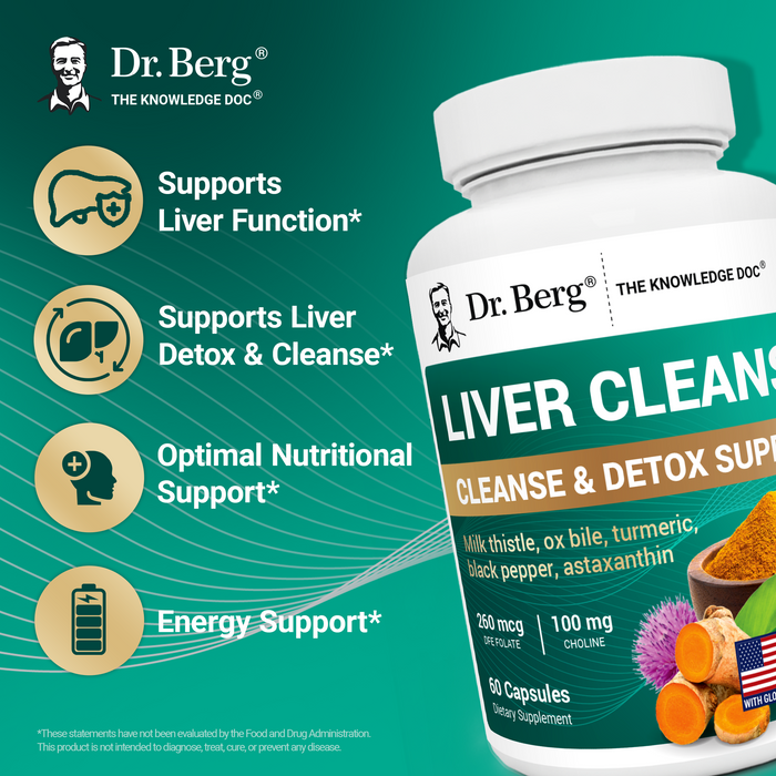 Dr. Berg liver cleanse supplement bottle  with text highlighting benefits: supports liver function, liver detox and cleanse, optimal nutritional support, and energy support.
