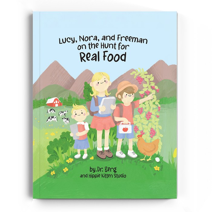 Book cover with cartoon children and a chicken in a garden setting