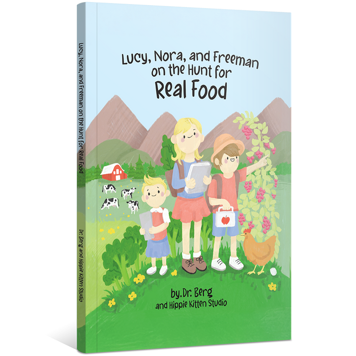Side view of book cover of 'Lucy, Nora, and Freeman on the Hunt for Real Food' with cartoon characters in a natural setting.