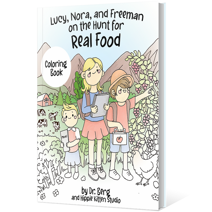 Coloring book cover with illustrations of three children on a nature-themed background