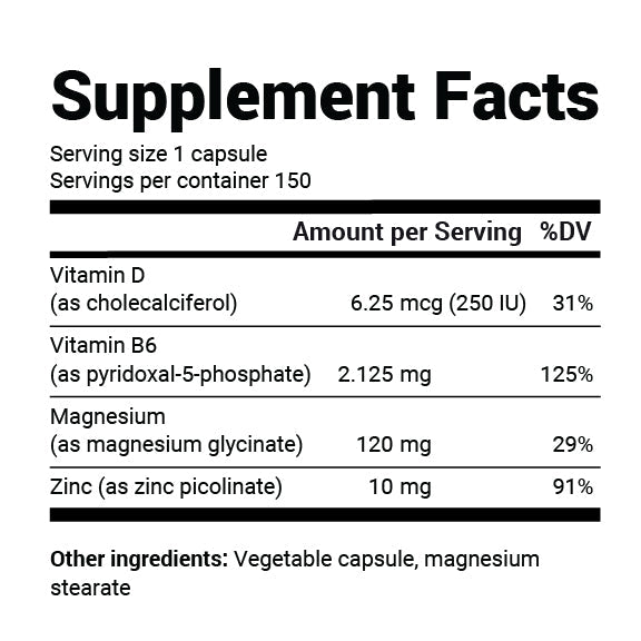 Supplement facts label with vitamins and minerals per serving.