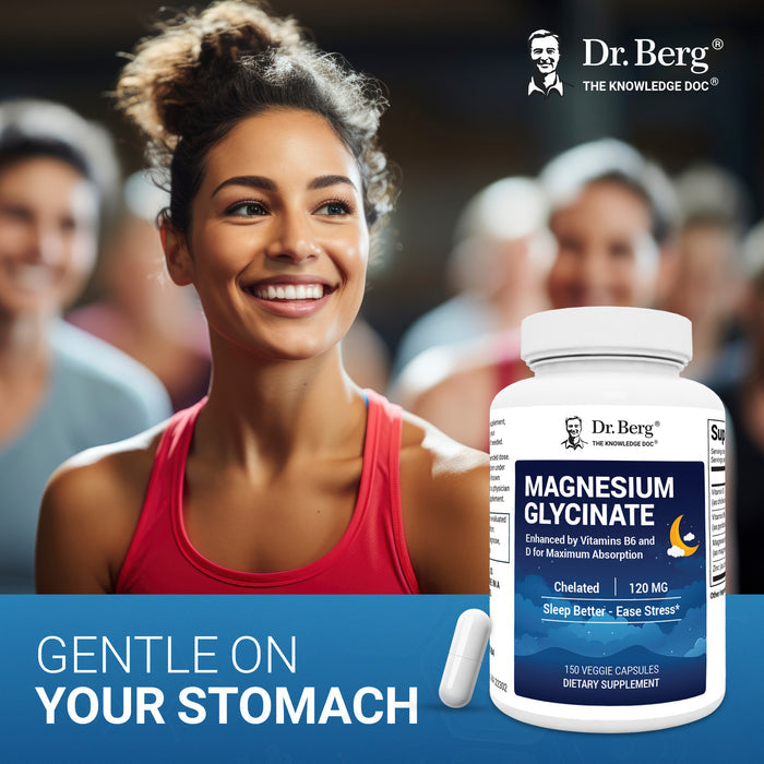 Magnesium Glycinate bottle with “Gentle on your stomach” text and a woman in a red tank top behind it.