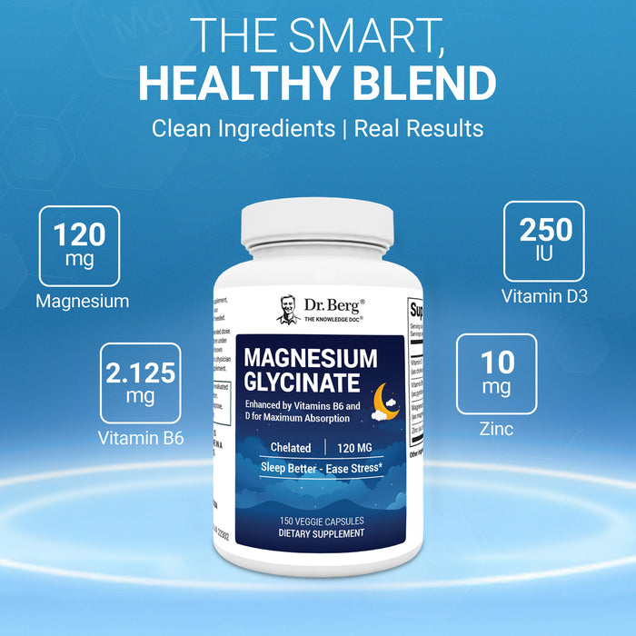 Magnesium Glycinate supplement bottle showing nutritional information with text highlighting: “The smart, healthy blend — clean ingredients, real results,” including magnesium, vitamin B6, zinc, and vitamin D3.