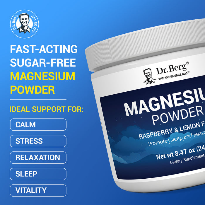 Dr. Berg magnesium powder container with text: 'Fast-acting sugar-free magnesium powder. Ideal support for calm, stress, relaxation, sleep, and vitality.'