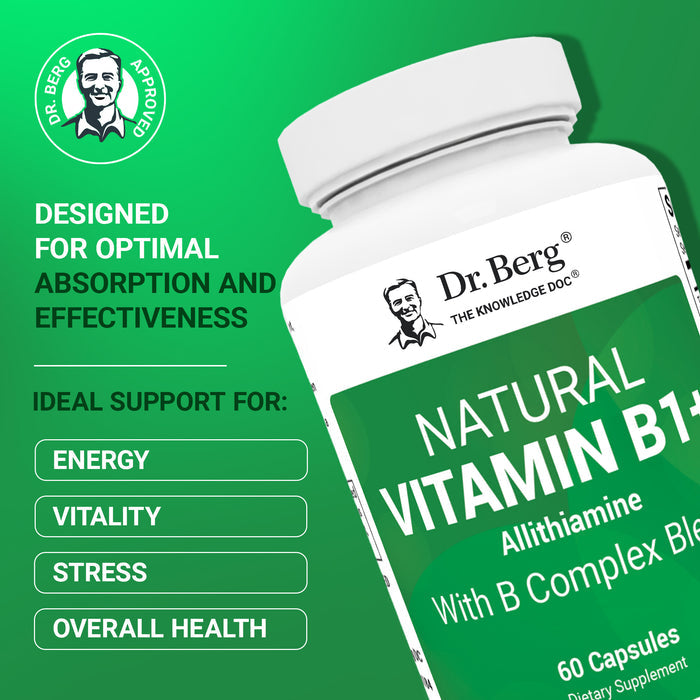 Dr. Berg Natural Vitamin B12 supplement bottle with text: 'Designed for optimal absorption and effectiveness. Ideal support for energy, vitality, stress, and overall health.'