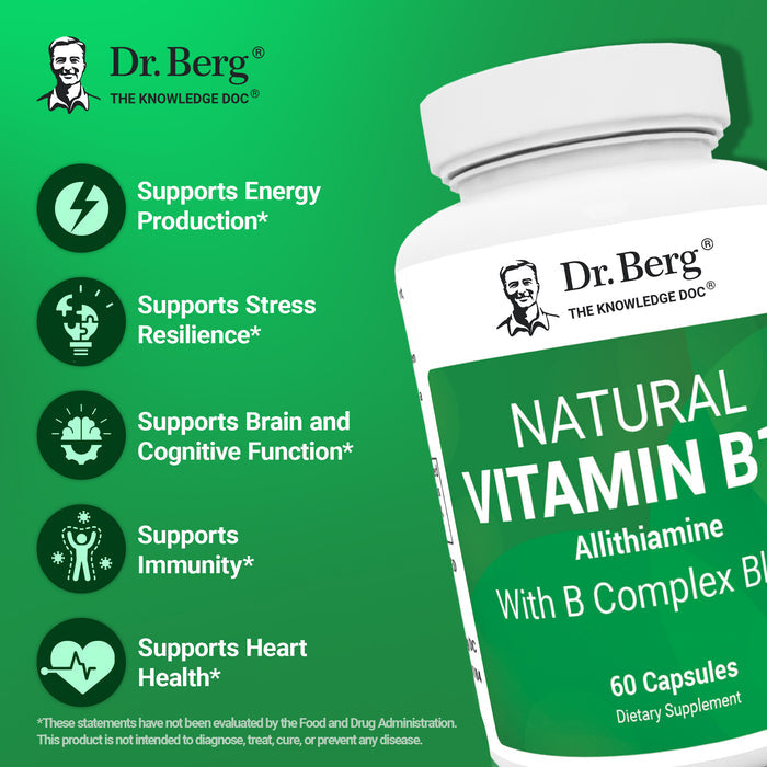 Dr. Berg Natural Vitamin B12 supplement bottle with text highlighting benefits: supports energy production, stress resilience, brain and cognitive function, immunity, and heart health.